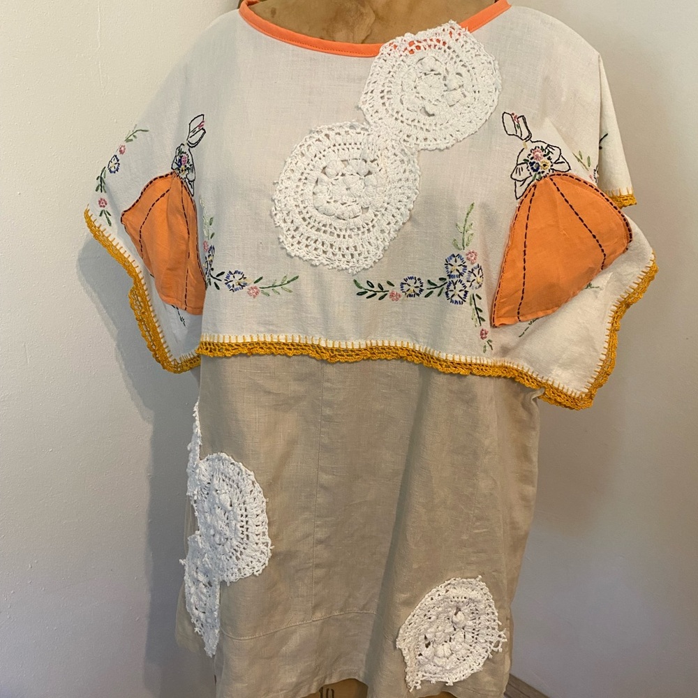 Vintage Embroidered Linen with Orange and White Accent Tunic